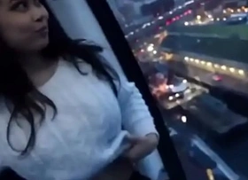 Magnificent teenage girl flash her big tits in public