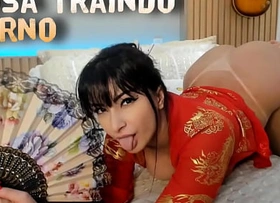 Hot big butt babe dressed in a japanese costume showing to rub-down the cuckold husband on a flick call, how she may philanderer him with alternate guy, perfect blowjob big tits
