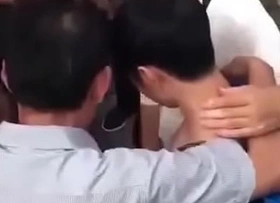 Asian twink having a public gangbang with asian daddies