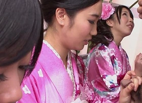 Four geishas engulfing out of reach of duo lonely cock