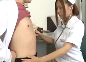 Japanese busty nurse fucks in fishnet bodysuit