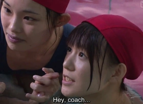 Japanese schoolgirls give dunk coach underwater blowjob