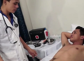 Assfingered Asian twink barebacked by doctor